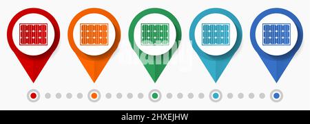 Energia solare, concetto fotovoltaico vettore icona set, flat design fonti di energia rinnovabili puntatori, infografica modello facile da modificare Illustrazione Vettoriale