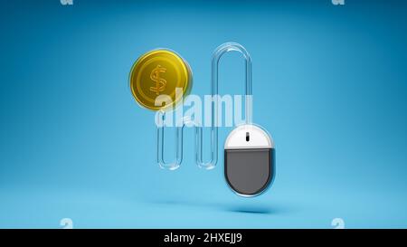 Paga per scatto, ppc o costo per scatto. Tappetino del mouse collegato con il simbolo del bitcoin. 3d icona isolata su sfondo blu. 3d rendering Foto Stock