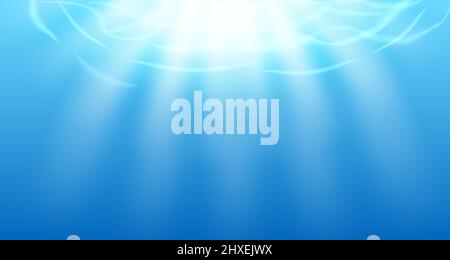 Sfondo blu subacqueo e ondulazione d'acqua sulla superficie. Vista profonda dal basso con raggi solari. Illustrazione vettoriale Illustrazione Vettoriale