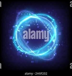 Difetti e pixel. Tecnologia che illumina l'effetto della luce di turbolenza. Cornice astratta magica. Energia di potenza dell'elemento circolare. fantascienza luminosa. Luci al neon brillanti Illustrazione Vettoriale