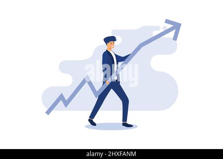 Businessman corre con crescente freccia grafico. Illustrazione piatta del concetto di successo di affari. Uomo, freccia di crescita come simbolo di avanzamento nella gestione. Prof Illustrazione Vettoriale