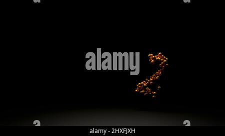 Particelle astratte di arancione che raccolgono e creano numeri su sfondo nero. Design. Il conto alla rovescia e l'iscrizione provengono da sfere luminose. Foto Stock