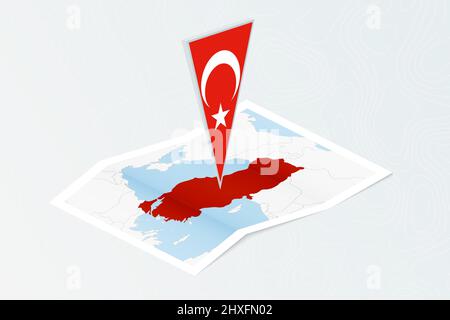 Carta isometrica della Turchia con bandiera triangolare della Turchia in stile isometrico. Mappa su sfondo topografico. Illustrazione vettoriale. Illustrazione Vettoriale