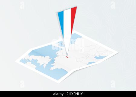 Carta isometrica del Lussemburgo con bandiera triangolare del Lussemburgo in stile isometrico. Mappa su sfondo topografico. Illustrazione vettoriale. Illustrazione Vettoriale