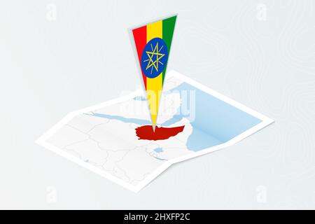 Carta isometrica dell'Etiopia con bandiera triangolare dell'Etiopia in stile isometrico. Mappa su sfondo topografico. Illustrazione vettoriale. Illustrazione Vettoriale