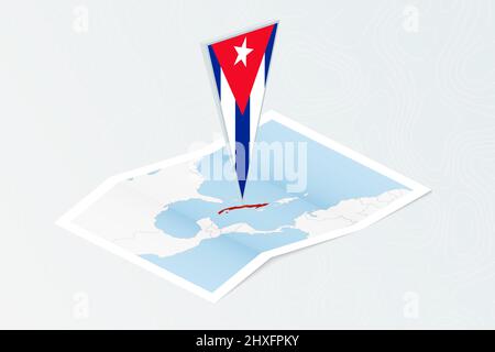 Carta isometrica di Cuba con bandiera triangolare di Cuba in stile isometrico. Mappa su sfondo topografico. Illustrazione vettoriale. Illustrazione Vettoriale