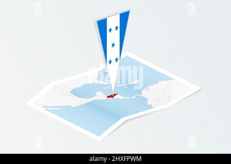 Mappa su carta isometrica dell'Honduras con bandiera triangolare dell'Honduras in stile isometrico. Mappa su sfondo topografico. Illustrazione vettoriale. Illustrazione Vettoriale