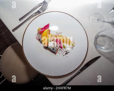 Fasi della ricetta e vista ravvicinata sullo chef, servire e fumare una padella fresca cotta palude atlantica marrone con patate, cipolle caramellate e l Foto Stock