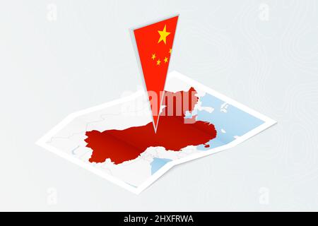 Carta isometrica della Cina con bandiera triangolare della Cina in stile isometrico. Mappa su sfondo topografico. Illustrazione vettoriale. Illustrazione Vettoriale