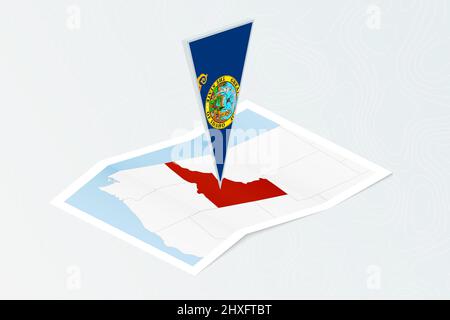 Carta isometrica dell'Idaho con bandiera triangolare dell'Idaho in stile isometrico. Mappa su sfondo topografico. Illustrazione vettoriale. Illustrazione Vettoriale