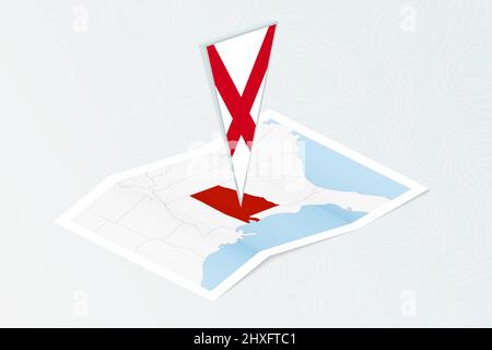 Carta isometrica dell'Alabama con bandiera triangolare dell'Alabama in stile isometrico. Mappa su sfondo topografico. Illustrazione vettoriale. Illustrazione Vettoriale