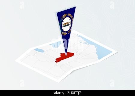 Mappa cartacea isometrica del Kentucky con bandiera triangolare del Kentucky in stile isometrico. Mappa su sfondo topografico. Illustrazione vettoriale. Illustrazione Vettoriale