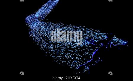 Uomo con particelle incandescenti. Design. La persona cade nel buio lasciando traccia di flusso di particelle incandescenti. Silhouette di uomo con pennacchio di incandescente Foto Stock