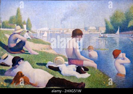 Jorge Seurat, bagnanti ad Asnières, 1884, olio su tela, Galleria Nazionale, Londra, Inghilterra, Gran Bretagna. Foto Stock