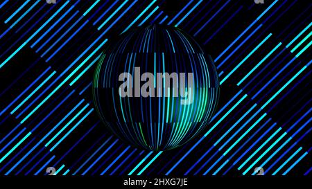 Abstract spinning 3D oggetto di forma rotonda coperto da sottili segmenti lunghi e scintillanti. Movimento. Sfera o sfera rotante e lampeggiante, anello senza cuciture. Foto Stock