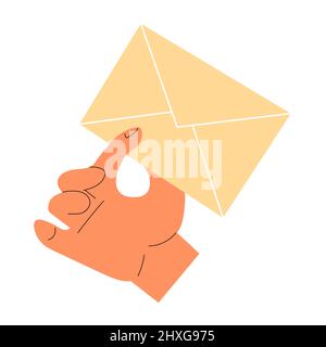 Busta di posta cartacea in mano su sfondo bianco. Comunicazione remota, corrispondenza. Illustrazione vettoriale piatta isolata su sfondo bianco Illustrazione Vettoriale