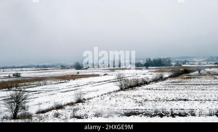 Panorama invernale della valle del fiume Jadar nella Serbia occidentale vicino alla città di Loznica. Foto Stock