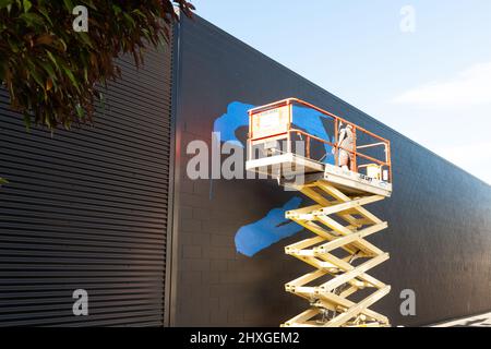 Tauranga Nuova Zelanda - Dicembre 11 2015; artisti di strada al lavoro che dipingano arte di strada su larga scala su muro edificio della città Foto Stock