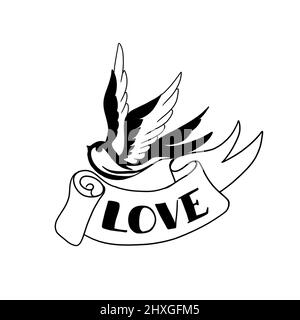 inghiottire la vecchia scuola e un nastro con l'iscrizione amore. idea per un tatuaggio. Motivo di deglutizione su sfondo bianco Foto Stock