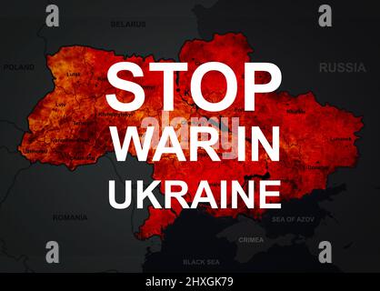 Stop War in Ucraina Concept, Russia e Ucraina conflitto sulla mappa bruciante. Bandiera con territorio ucraino in fuoco e iscrizione. Russia vs Ucraina Foto Stock