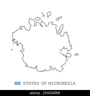 Stati della linea mappa Micronesia, linea lineare sottile vettoriale semplice e flag. Nero su sfondo bianco Illustrazione Vettoriale