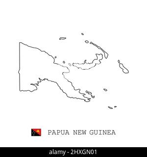 Linea cartografica Papua Nuova Guinea, linea lineare sottile vettoriale semplice e bandiera. Nero su sfondo bianco Illustrazione Vettoriale