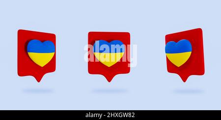 Ucraino sostegno messaggi d'amore, cuore d'amore in Ucraina bandiera colori, sostegno Ucraina concetto, 3D illustrazione Foto Stock