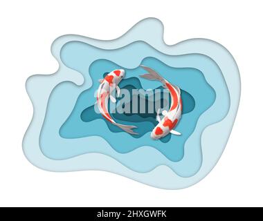 Pesce koi astratto su acqua blu turchese. Pesci di fiume dell'oceano, natura, fauna selvatica, acquario, vita subacquea, vita marina, stagno, fauna. Vista dall'alto, taglio carta stile profondo. Fauna marina. 3D Illustrazione Foto Stock