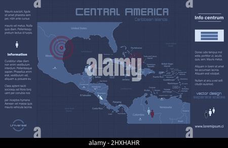 Le isole caraibiche e l'America Centrale mappa, singoli stati e isole e città con nomi, infografica blu flat design vettore Illustrazione Vettoriale