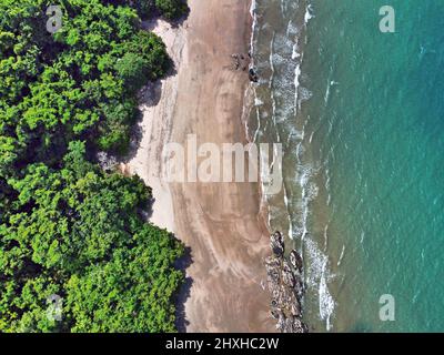 Tiro al drone verso il basso di Etty spiaggia oceano e foresta pluviale Foto Stock