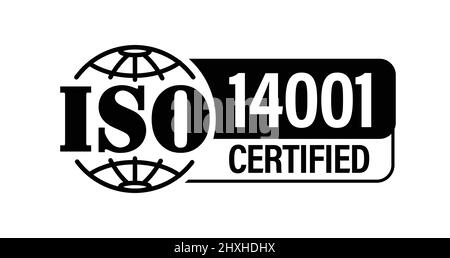 Oganizzazione internazionale per la standardizzazione astratta, icona vettoriale 'ISO 14001 Certified', colore nero Illustrazione Vettoriale