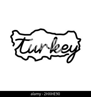 Mappa del profilo della Turchia con il nome del paese scritto a mano. Linea continua di segno di casa patriottica. Un amore per una piccola patria. T-shirt stampa idea. Illustrazione Vettoriale
