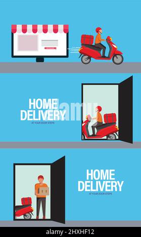 concetto di consegna a domicilio gratuita. uomo che consegna merci da una piattaforma online. Illustrazione vettoriale Illustrazione Vettoriale
