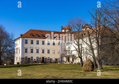 12 marzo 2022, Brandeburgo, Lübbenau: Il castello di Lübbenau è un edificio classicistico ed è oggi utilizzato come albergo. Nel parco di fronte al castello si trova un tipico fienile della Foresta di Spree. Foto: Frank Hammerschmidt/dpa Foto Stock