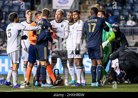 Tensioni flare come la Philadelphia Union sconfigge il San Jose terremoti 2 - 0 durante una partita di calcio MLS professionista della Major League Soccer Foto Stock