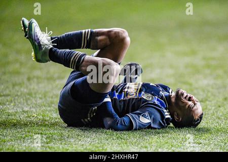 Chester, PA USA, 12 marzo 2022 - il centrocampista Jose Martinez è imbrattato come l'Unione di Philadelphia sconfigge i terremoti di San Jose 2 - 0 durante una partita di calcio professionale MLS di calcio della Major League Soccer Foto Stock