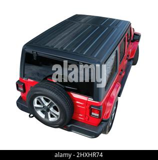 Auto SUV rossa con ruota di scorta isometrica vista posteriore isolato Foto Stock