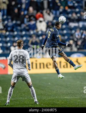 Chester, PA USA, 12 marzo 2022 - il centrocampista Jose Martinez vince un header come la Philadelphia Union sconfigge i terremoti di San Jose 2 - 0 durante una partita di calcio professionale MLS della Major League Soccer Foto Stock