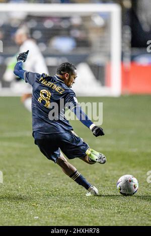 Chester, PA USA, 12 marzo 2022 - il centrocampista Jose Martinez passa la palla mentre la Philadelphia Union sconfigge i terremoti di San Jose 2 - 0 durante una partita di calcio professionale MLS di Major League Soccer Foto Stock