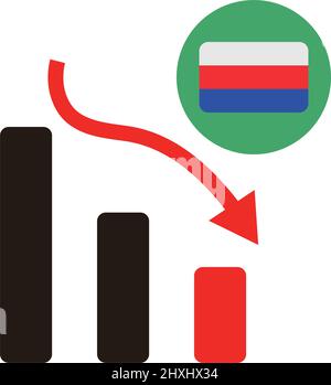 Il declino economico della Russia. Bandiera russa e barra decrescente. Vettore modificabile. Illustrazione Vettoriale