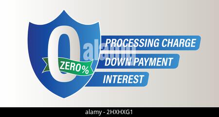 Astratto finanziario, icona vettoriale 'Zero Processing fees, zero acconto, zero interessi'. Di colore blu Illustrazione Vettoriale