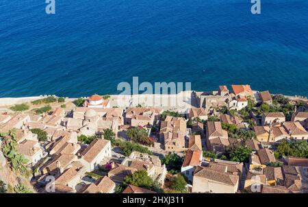 Vista sul castello medievale di Monemvasia, Peloponneso, Grecia. Foto Stock