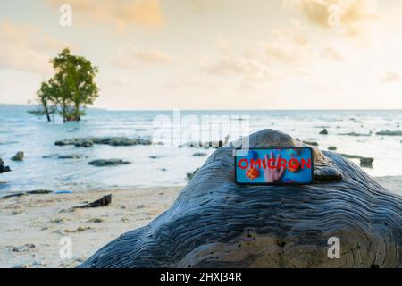 Telefono cellulare collocato su una roccia in una spiaggia deserta sotto il blocco a causa della variante omicron COVID onda globale annullamento vacanze vacanze e altro ancora Foto Stock