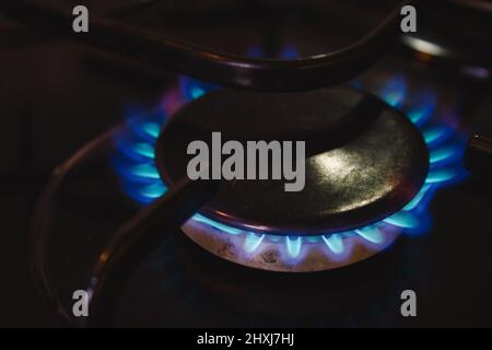 Un piano cottura a gas blu si è acceso su una cucina domestica Foto Stock