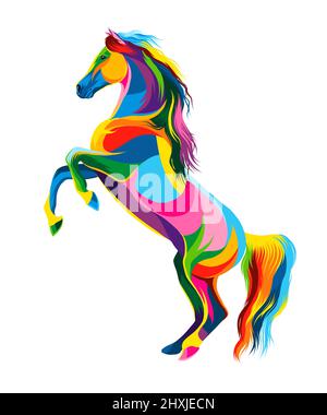 Cavallo astratto che si alza, cavallo che corre al galoppo da pitture multicolore. Disegno colorato. Illustrazione vettoriale di vernici Illustrazione Vettoriale