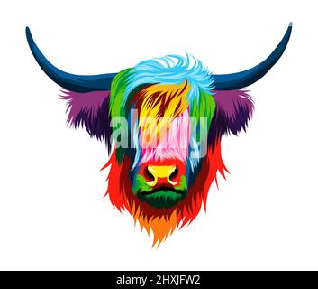 Ritratto astratto della testa di vacca highland, mucca scozzese highland da pitture multicolore. Disegno colorato. Illustrazione vettoriale di vernici Illustrazione Vettoriale