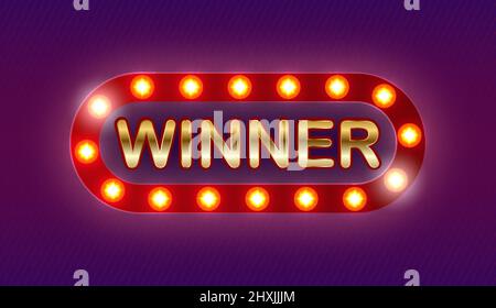 Banner del vincitore. Vinci le congratulazioni vintage frame, dorato complimentandosi segno incorniciato con i confetti d'oro. Illustrazione Vettoriale