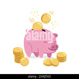 Rosa Piggy banca e monete d'oro. Risparmio di denaro, concetto di business vettore illustrazione Illustrazione Vettoriale