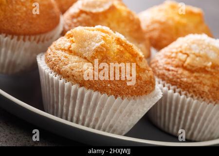 Primo piano di un mucchio di magdalenas i tipici muffin spagnoli pianura nel piatto sul tavolo. Orizzontale Foto Stock