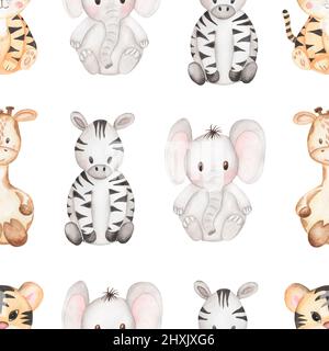 Acquerello Animali tropicali carta di ripetizione, modello senza giunture dell'elefante del bambino, stampa zebra cute, modello della tigre per tessuto, disegno di stampa, carta di scrapbook Foto Stock